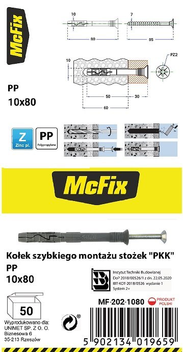 KOŁEK SZYBKI MONTAŻ STOŻEK PP 10*80MM KOŁEK SZYBKI MONTAŻ STOŻEK PP 10*80MM