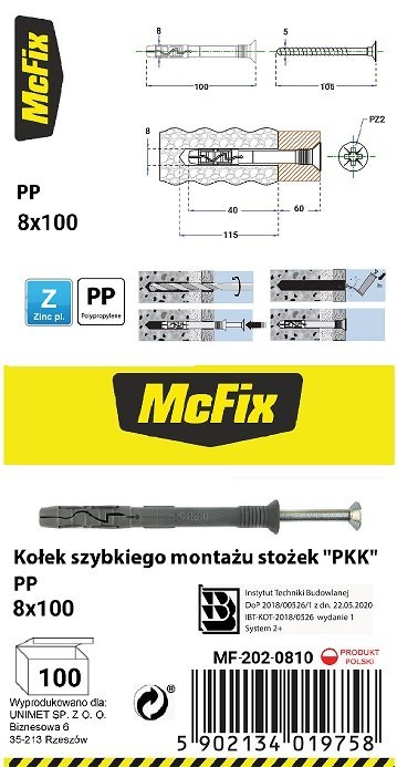 KOŁEK SZYBKI MONTAŻ STOŻEK PP 8*100MM KOŁEK SZYBKI MONTAŻ STOŻEK PP 8*100MM