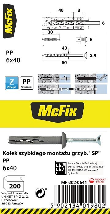 KOŁEK SZYBKI MONTAŻ Z KOŁNIERZEM PP 6*40MM KOŁEK SZYBKI MONTAŻ Z KOŁNIERZEM PP 6*40MM