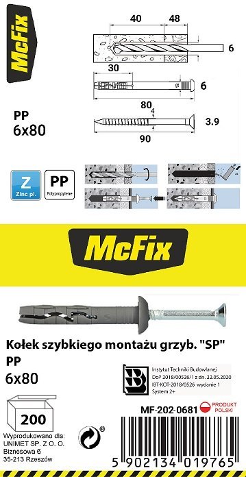 KOŁEK SZYBKI MONTAŻ Z KOŁNIERZEM PP 6*80MM KOŁEK SZYBKI MONTAŻ Z KOŁNIERZEM PP 6*80MM