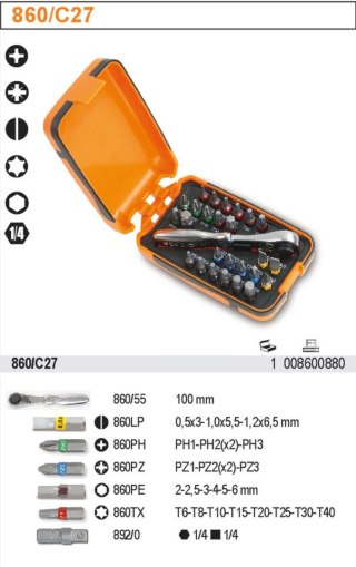 ZESTAW KOŃCÓWEK WKRĘTAKOWYCH 1/4'' Z UCHWYTEM, 27EL.