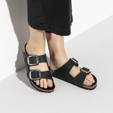 Klapki damskie Birkenstock Arizona Big Buckle Oiled Leather Black narrow wąskie (1011075)