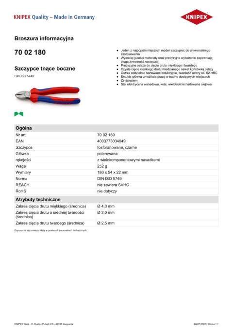 SZCZYPCE TNĄCE BOCZNE 180MM, POWLEKANE SZCZYPCE TNĄCE BOCZNE 180MM, POWLEKANE