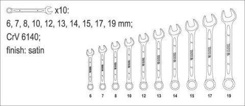 KOMPLET KLUCZY PŁASKO-OCZKOWYCH 10-CZĘŚCIOWY 6-19MM KOMPLET KLUCZY PŁASKO-OCZKOWYCH 10-CZĘŚCIOWY 6-19MM