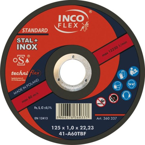 TARCZA PŁASKA A60TBF UNIWERSALNA STAL+INOX T1A 125*1.0*22 TARCZA PŁASKA A60TBF UNIWERSALNA STAL+INOX T1A 125*1.0*22