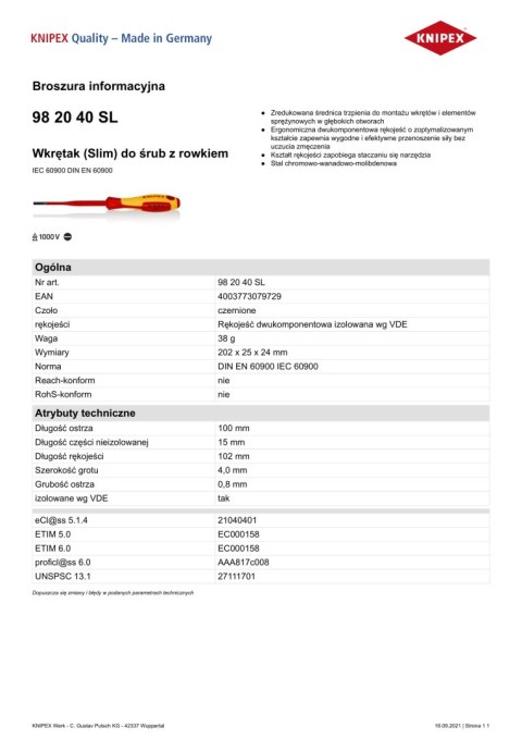 WKRĘTAK PŁASKI SLIM Z IZOLACJĄ 1000V 100MM 4 MM WKRĘTAK PŁASKI SLIM Z IZOLACJĄ 1000V 100MM 4 MM