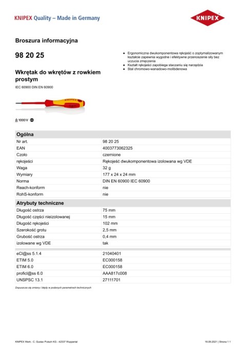WKRĘTAK PŁASKI Z IZOLACJĄ 1000V 75MM 2.5 MM WKRĘTAK PŁASKI Z IZOLACJĄ 1000V 75MM 2.5 MM