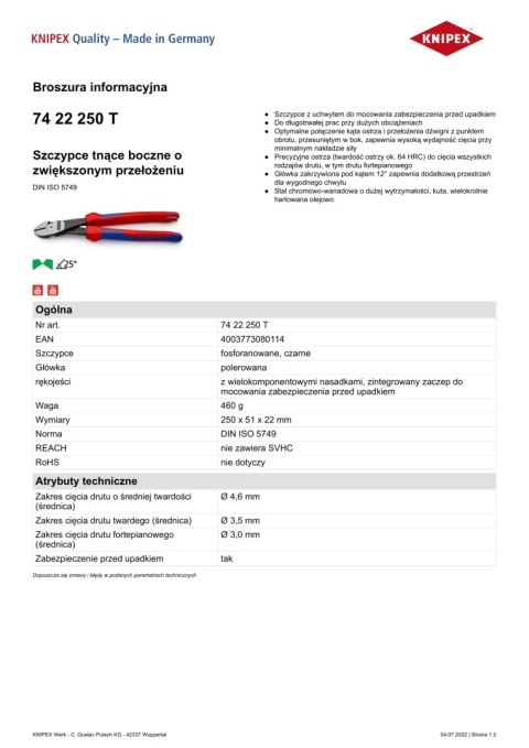 SZCZYPCE TNĄCE BOCZNE O ZWIĘKSZONYM PRZEŁOŻENIU 250MM SZCZYPCE TNĄCE BOCZNE O ZWIĘKSZONYM PRZEŁOŻENIU 250MM