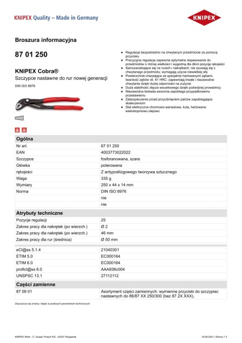 SZCZYPCE DO RUR COBRA 250MM SZCZYPCE DO RUR COBRA 250MM