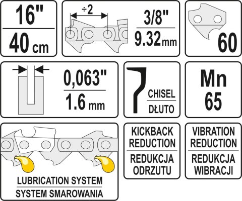 ŁAŃCUCH TNĄCY DO PILARKI 16'' 3/8' 1,6MM 60Z ŁAŃCUCH TNĄCY DO PILARKI 16'' 3/8' 1,6MM 60Z