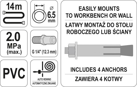 PRZEWÓD PNEUMATYCZNY NA ZWIJAKU AUTOMATYCZNYM 6.3MM 14M PRZEWÓD PNEUMATYCZNY NA ZWIJAKU AUTOMATYCZNYM 6.3MM 14M