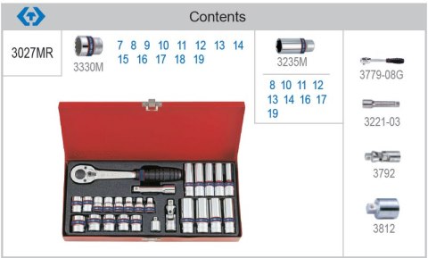 ZESTAW NASADEK 3/8'' 27CZ KR.DŁ 7-19MM 6-KĄT 8-19MM 12-KĄT. ZESTAW NASADEK 3/8'' 27CZ KR.DŁ 7-19MM 6-KĄT 8-19MM 12-KĄT.