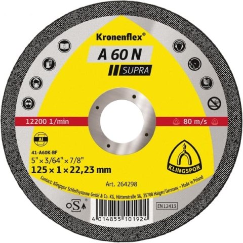TARCZA PŁASKA A60N T1A 125*1.0*22 264298 TARCZA PŁASKA A60N T1A 125*1.0*22 264298