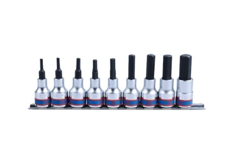 ZESTAW NASADEK Z KOŃCÓWKĄ HEX 1/2'' NA SZYNIE, 4-17MM, 9CZ. ZESTAW NASADEK Z KOŃCÓWKĄ HEX 1/2'' NA SZYNIE, 4-17MM, 9CZ.